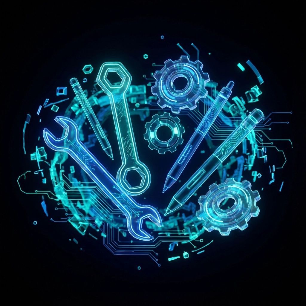 Blue neon tools, pens, and gears against a digital circuit background.