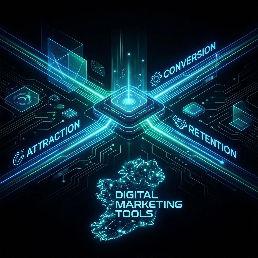 Digital marketing tools graphic. Circuit board design with 