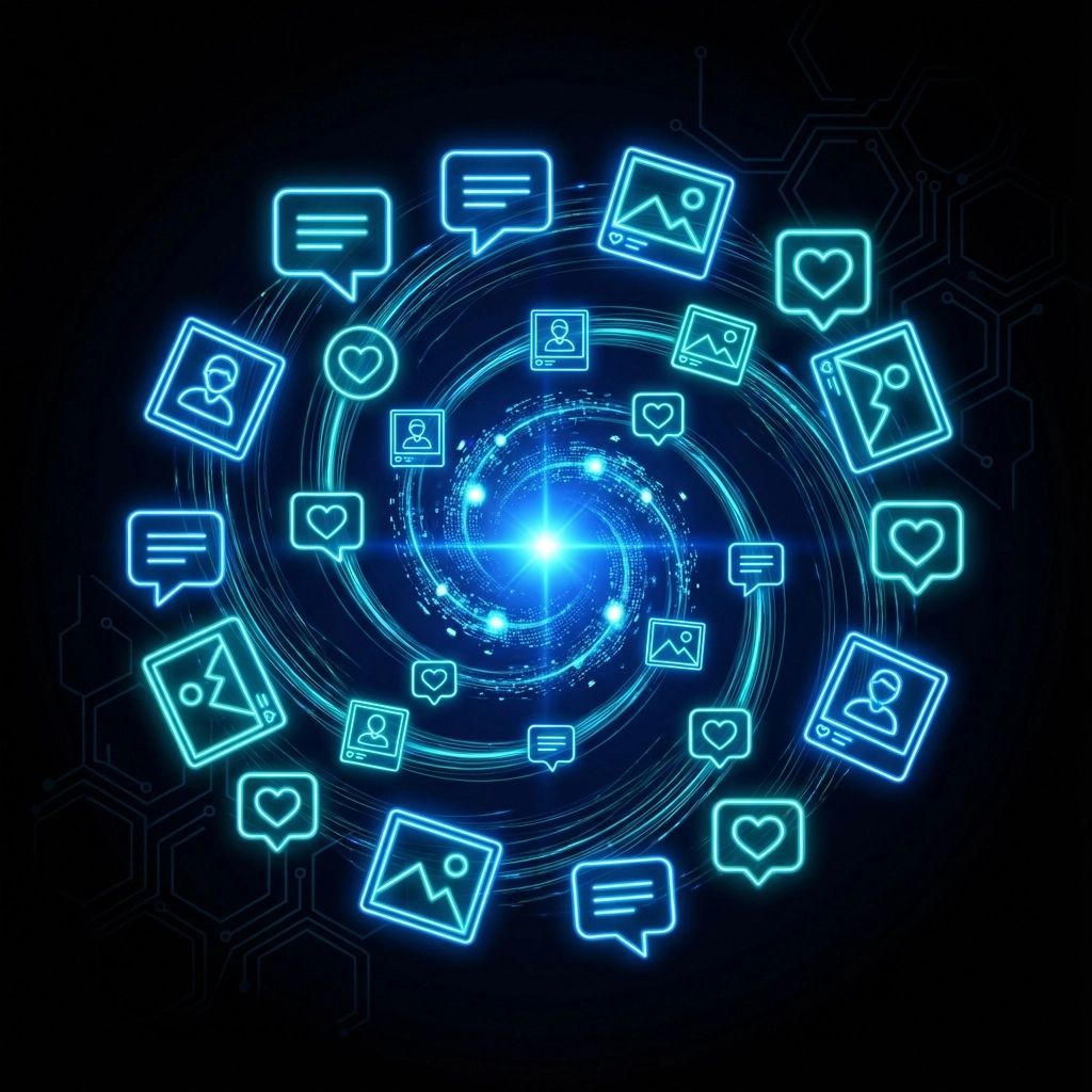 Glowing teal social media icons swirling around a bright blue center on black background.