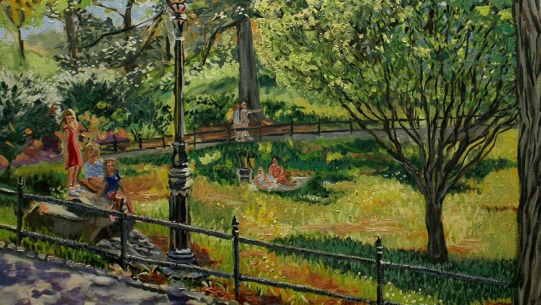 J. Varriano, American Artist Landscape Oil Painting: Three girls