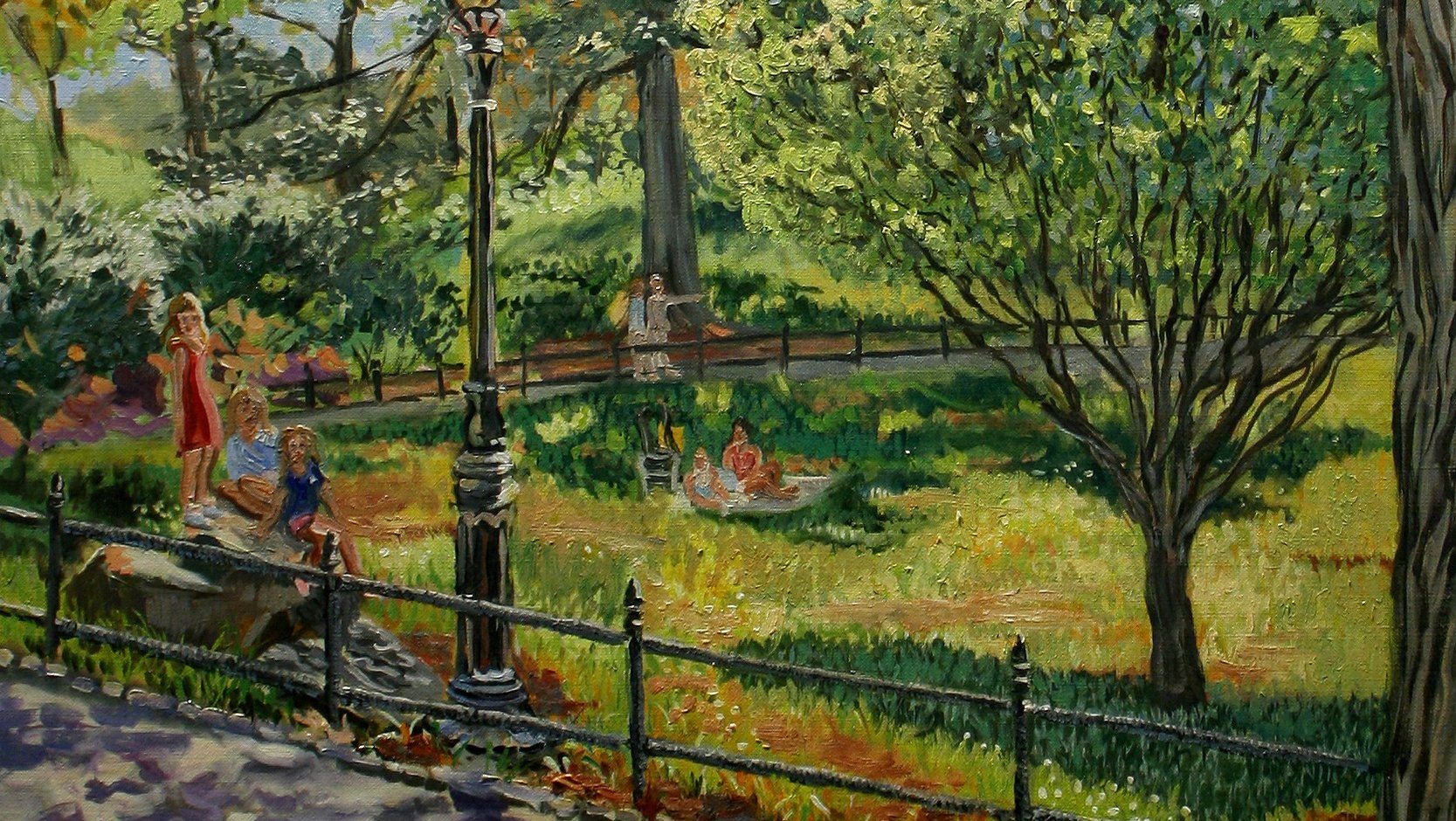 J. Varriano, American Artist Landscape Oil Painting: Three girls