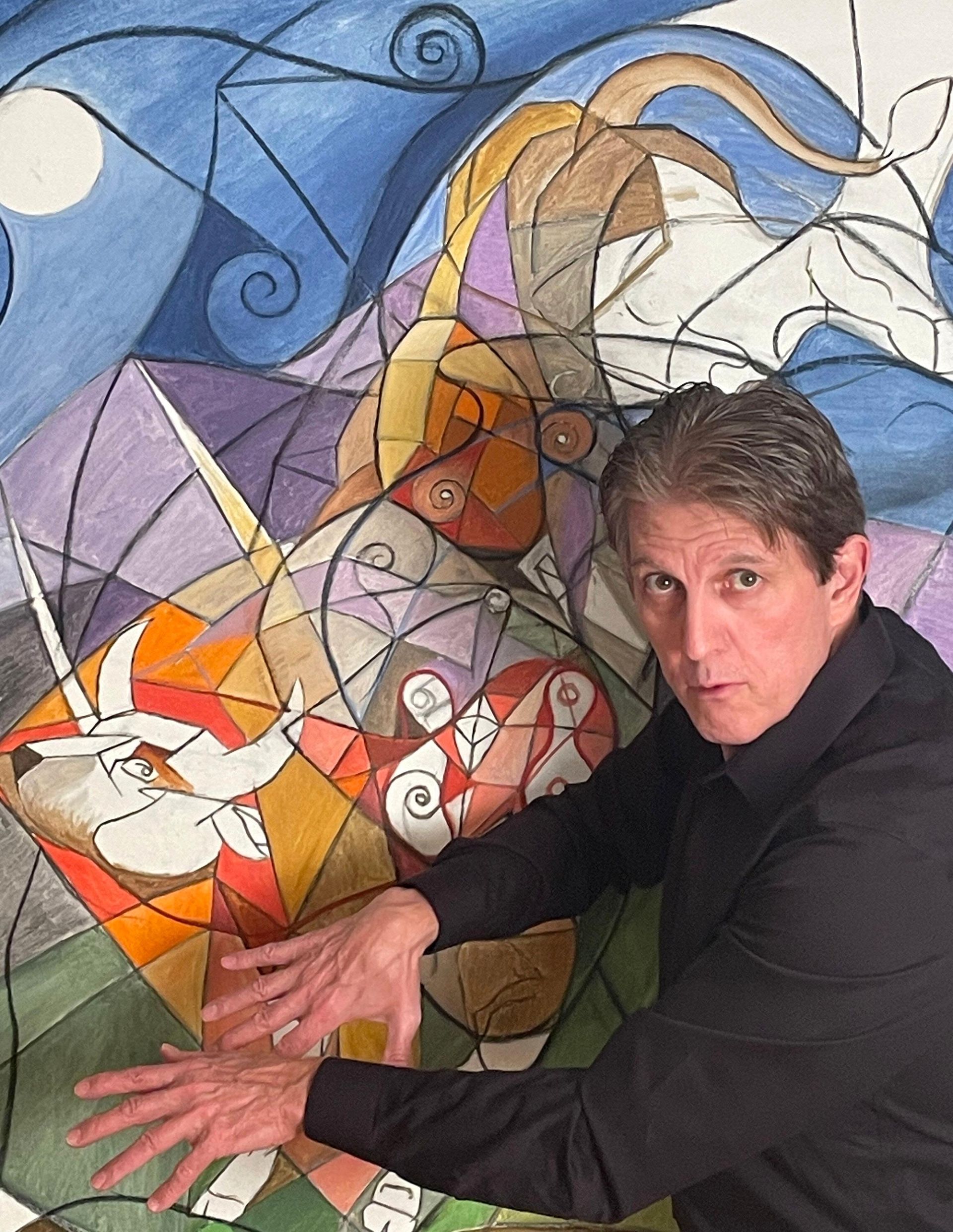 John Varriano, American Artist biography. Photo of John Varriano as he highlights key aspects of his new abstract oil painting titled