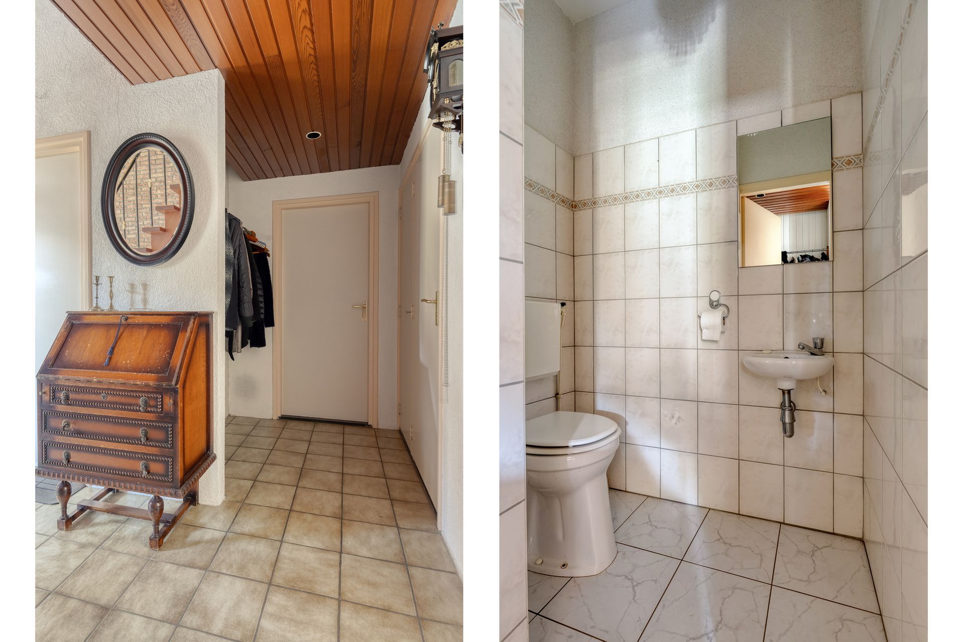 Lichte, betegelde hal met een klok, houten kast, deuropening en aangrenzende, wit betegelde badkamer met wastafel en toilet.