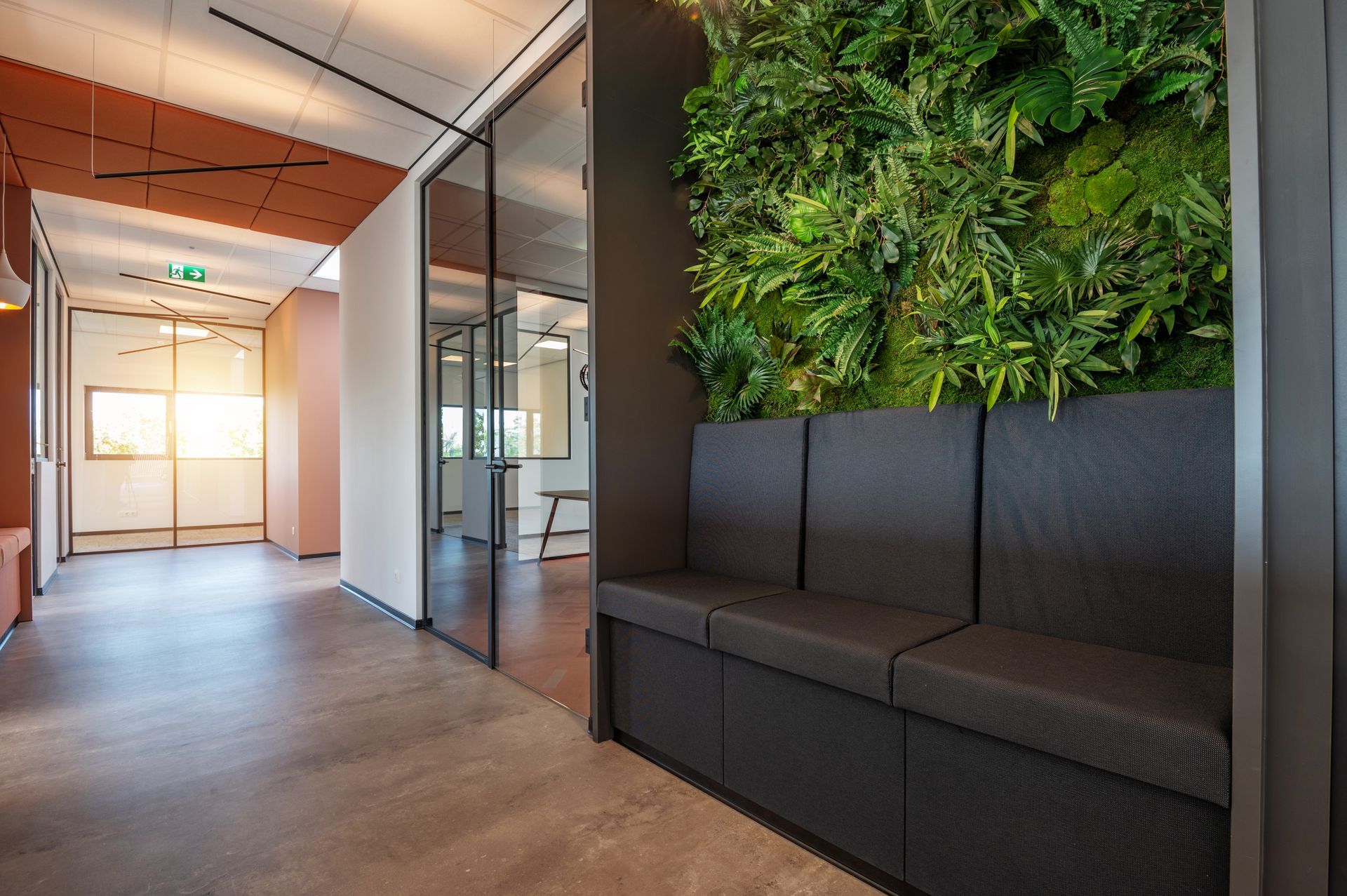 Moderne kantoorhal met donkere bank, groene muur en glazen ruimte.