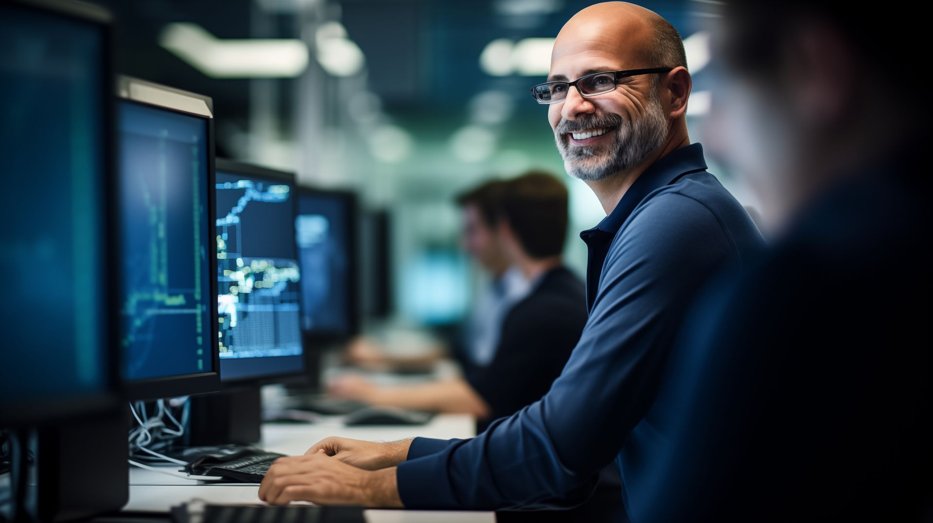 Un homme souriant travaille sur un ordinateur dans un bureau ; d'autres personnes travaillent également sur des ordinateurs