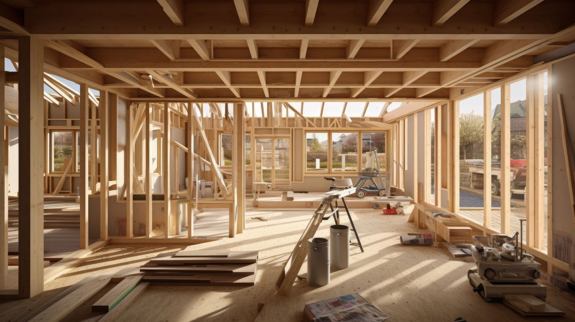 Vue intérieure d'une charpente de maison en construction, montrant les poutres en bois, la lumière du soleil 