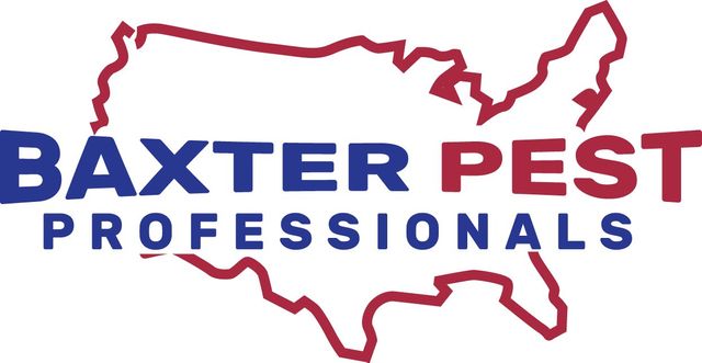 Logo for Baxter Pest Professionals: text over outline of the United States. Colors are blue and red.