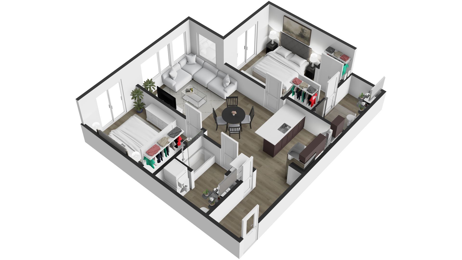 A 3d floor plan of a house with a lot of furniture