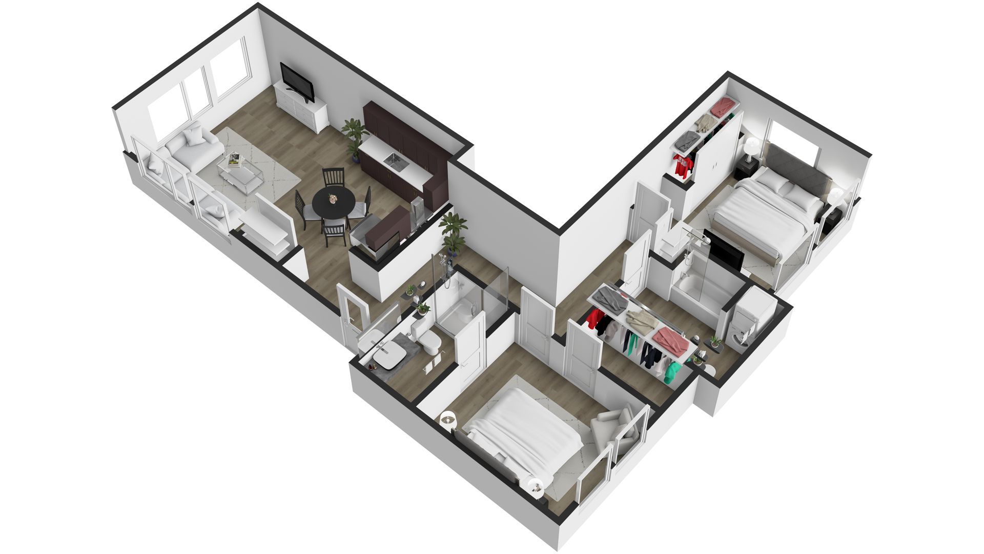 A 3d floor plan of a house with a living room , bedroom , and kitchen.