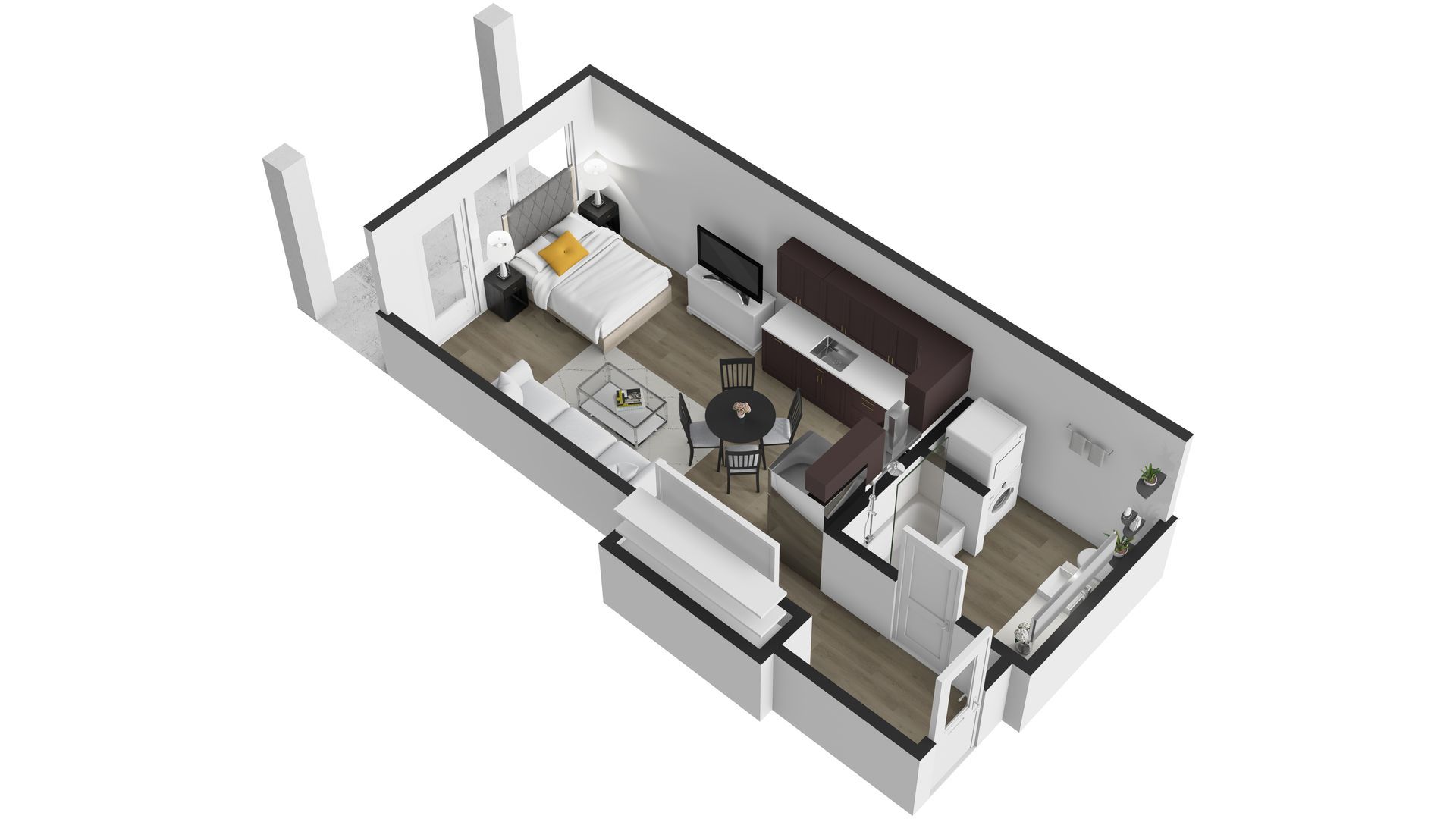An aerial view of a floor plan of a small apartment