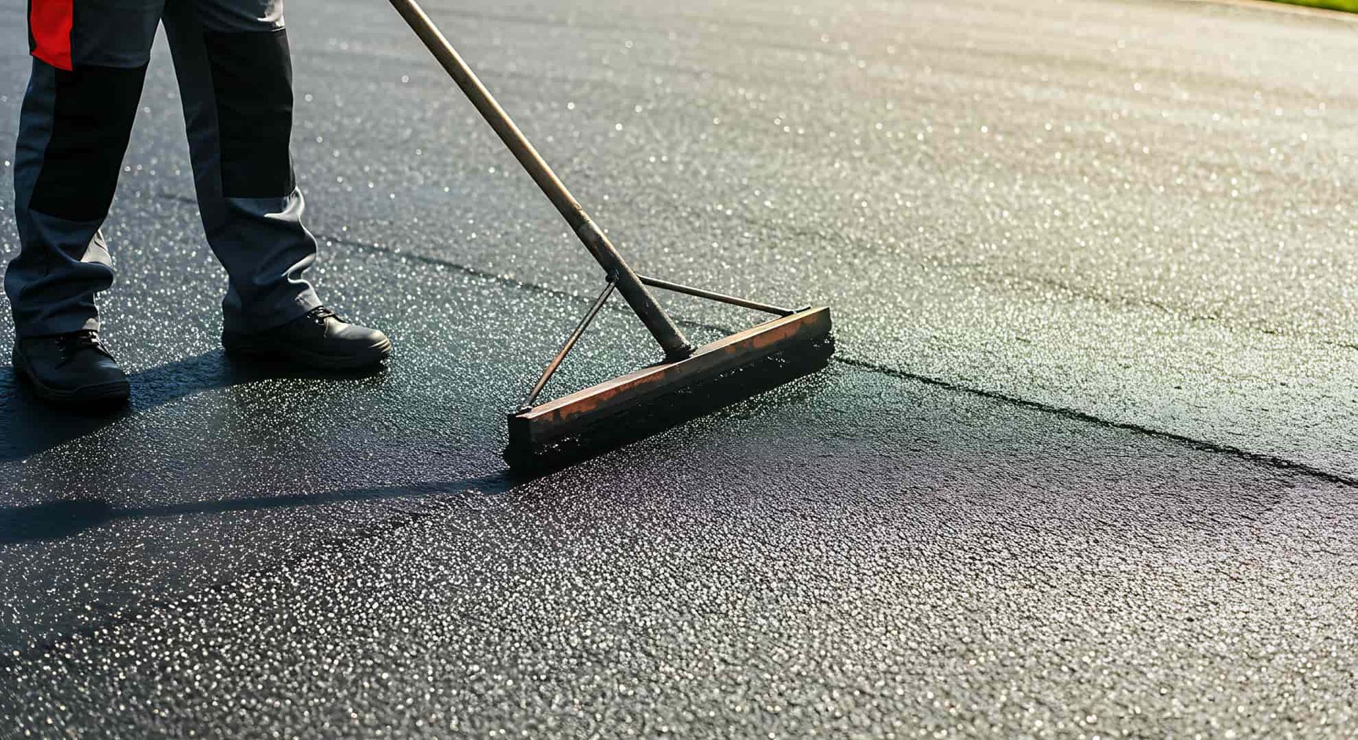 A man is sweeping the asphalt with a broom.