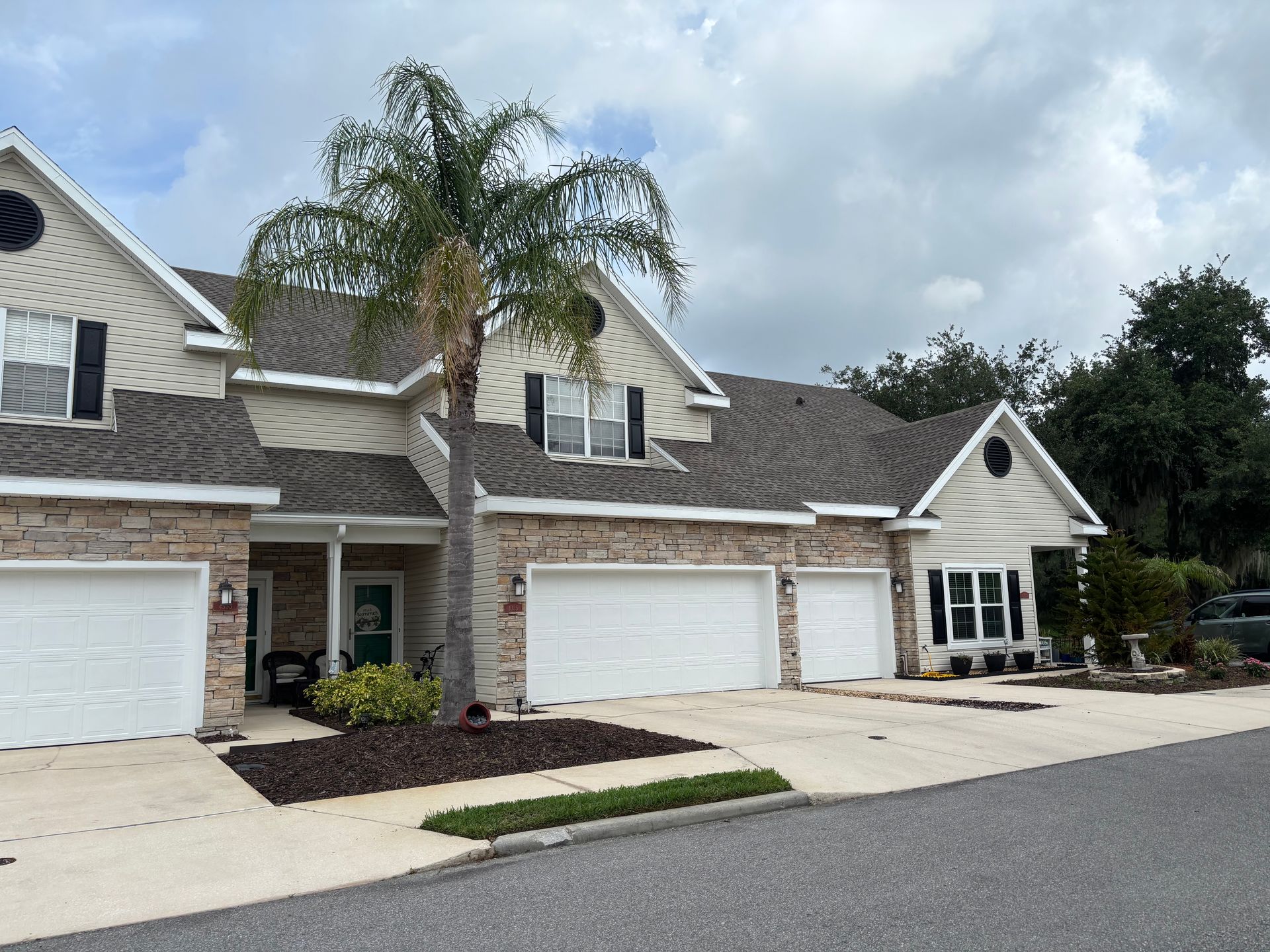 Suburban townhouse row with white garages, palm tree, and stone accents under cloudy sky