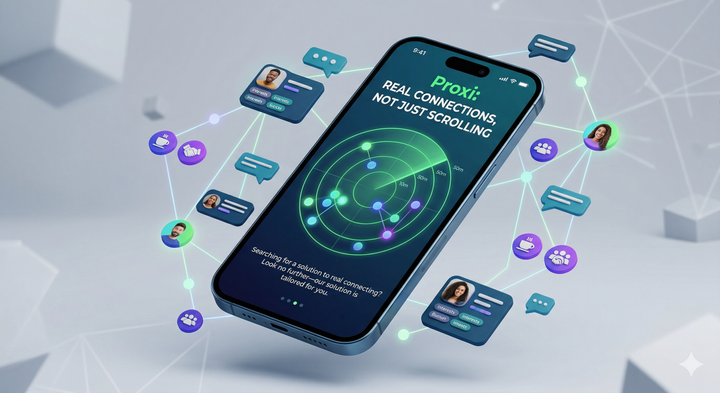 Smartphone with glowing proxi icons on a digital interface background