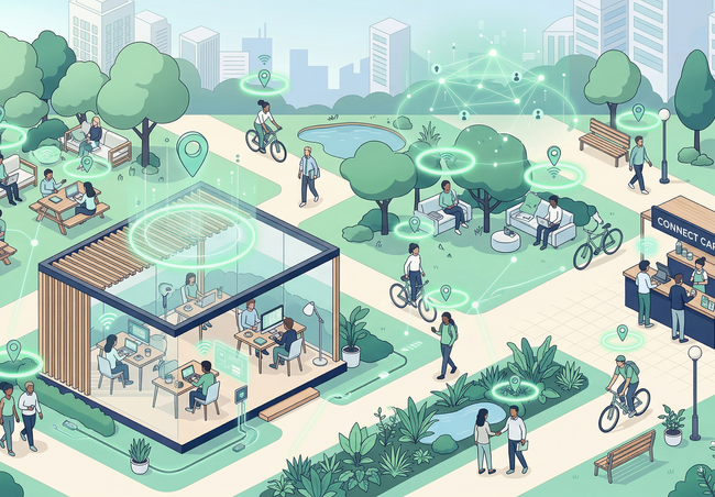 Park scene with people around green spaces and a glass pavilion, staying connected through Proxi.