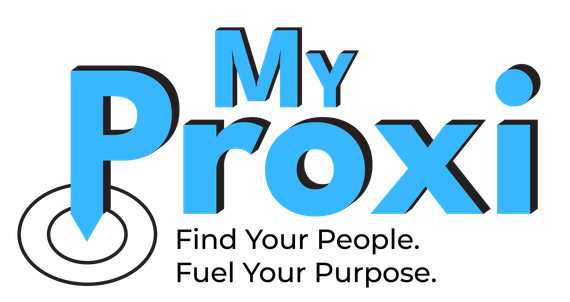 MyProxi logo in blue and black with the tagline “Find Your People. Fuel Your Purpose.”