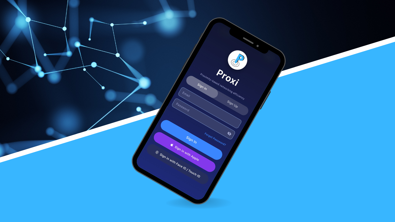 Stylized smartphone displaying My Proxi app login screen on a blue tech-themed background