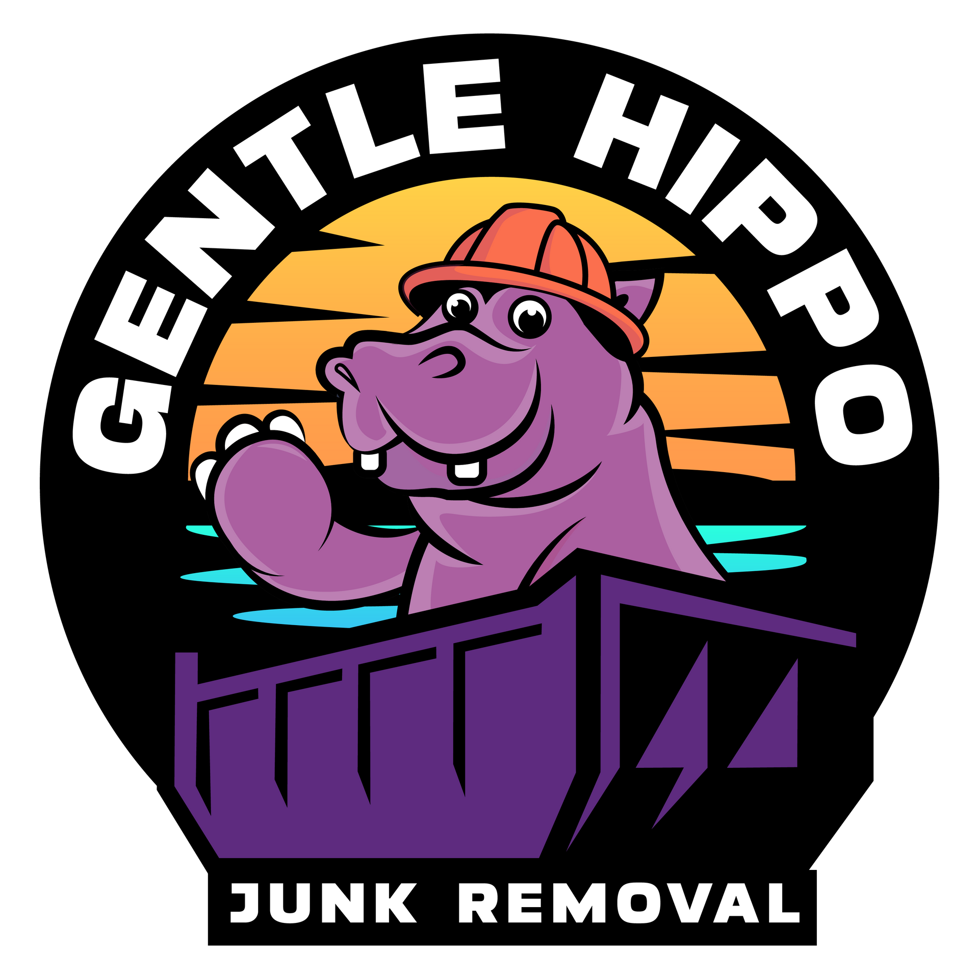 The logo for gentle hippo junk removal shows a hippo wearing a hard hat.