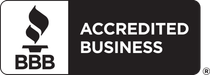 A black and white logo for an accredited business