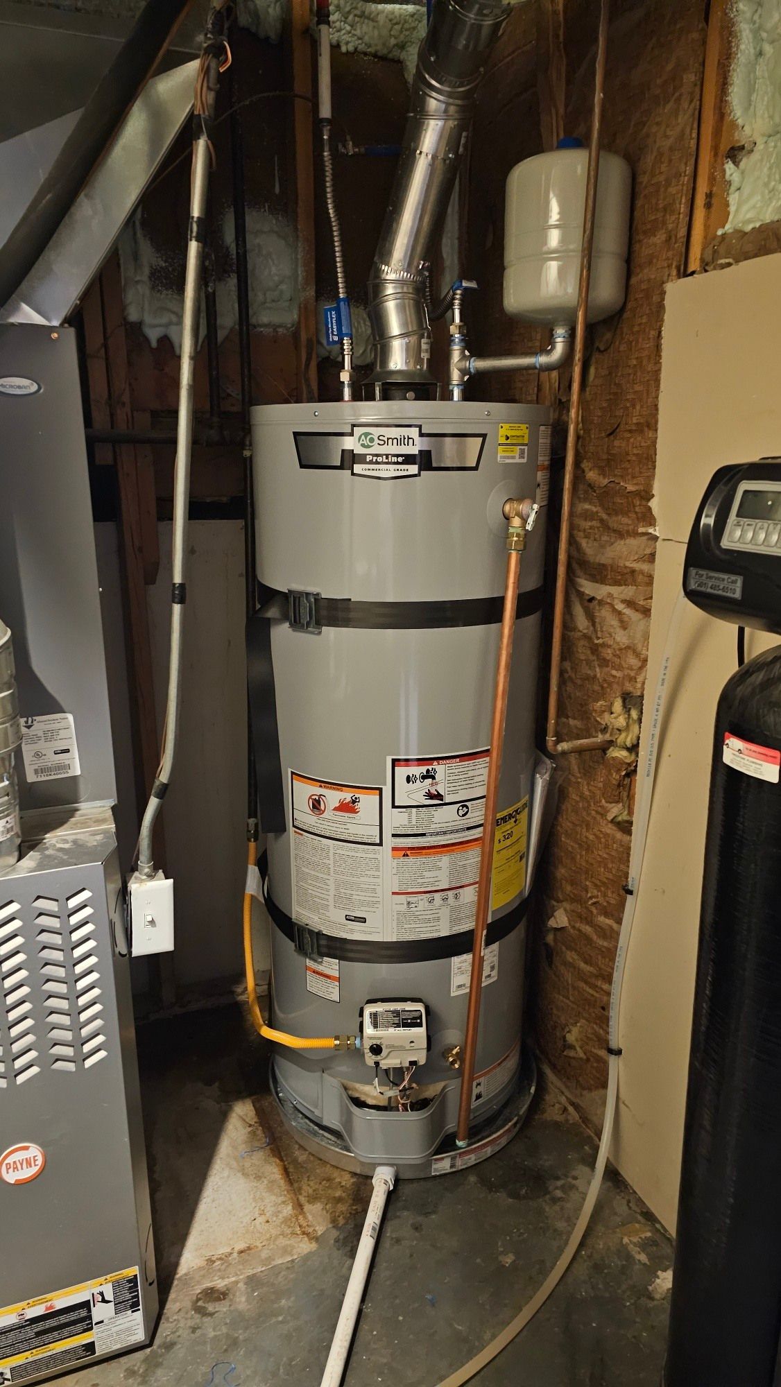 A water heater is sitting in a basement next to a furnace.