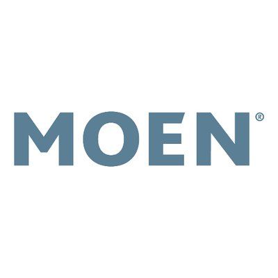 A blue moen logo on a white background.