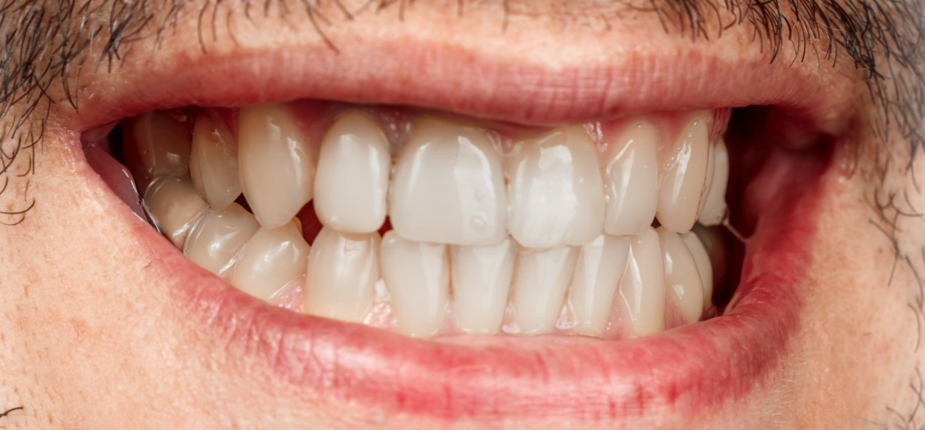 Close-up of a person smiling, showing clean white teeth and pink lips