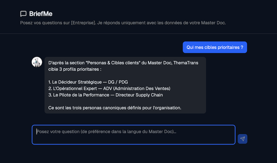 capture d'écran de démo d'un chat IA qui consulte votre base de connaissance entreprise