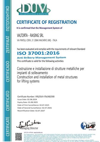 Certificato di registrazione DUV per SALTORIA-PASING SR, certificato ISO 37001:2016 per la costruzione di strutture metalliche.