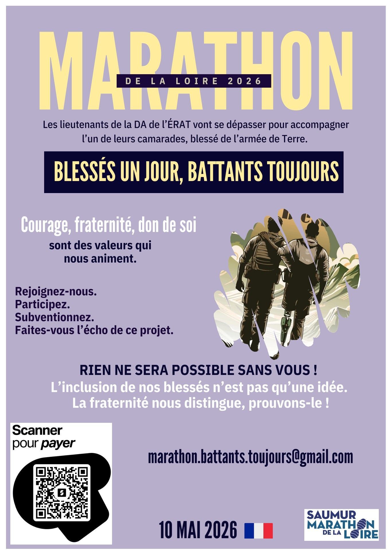 Affiche pour le « Marathon de la Loire 2026 », avec texte et figures de deux personnes, code QR et drapeau français.