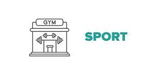Icône représentant un bâtiment de salle de sport avec le mot « SPORT » en turquoise.