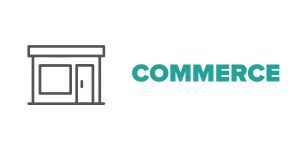Une icône de magasin à côté du mot « COMMERCE » en turquoise.