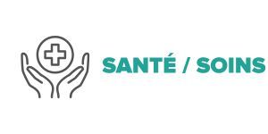 Des mains enlaçant un cercle avec une croix à l'intérieur. « Santé / Soins » en lettres turquoise.