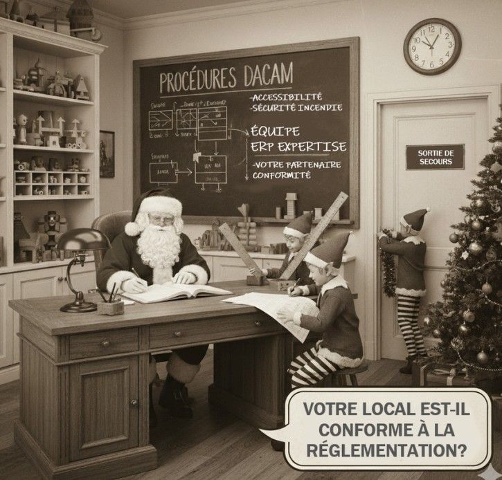 Le Père Noël et ses lutins examinent des documents dans un bureau où un tableau noir indique « Procédures DACAM ».