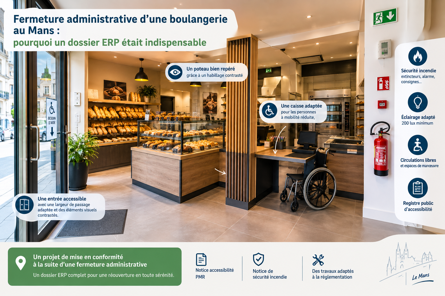 Boulangerie au Mans avec aménagements d’accessibilité PMR et mise en conformité après une fermeture