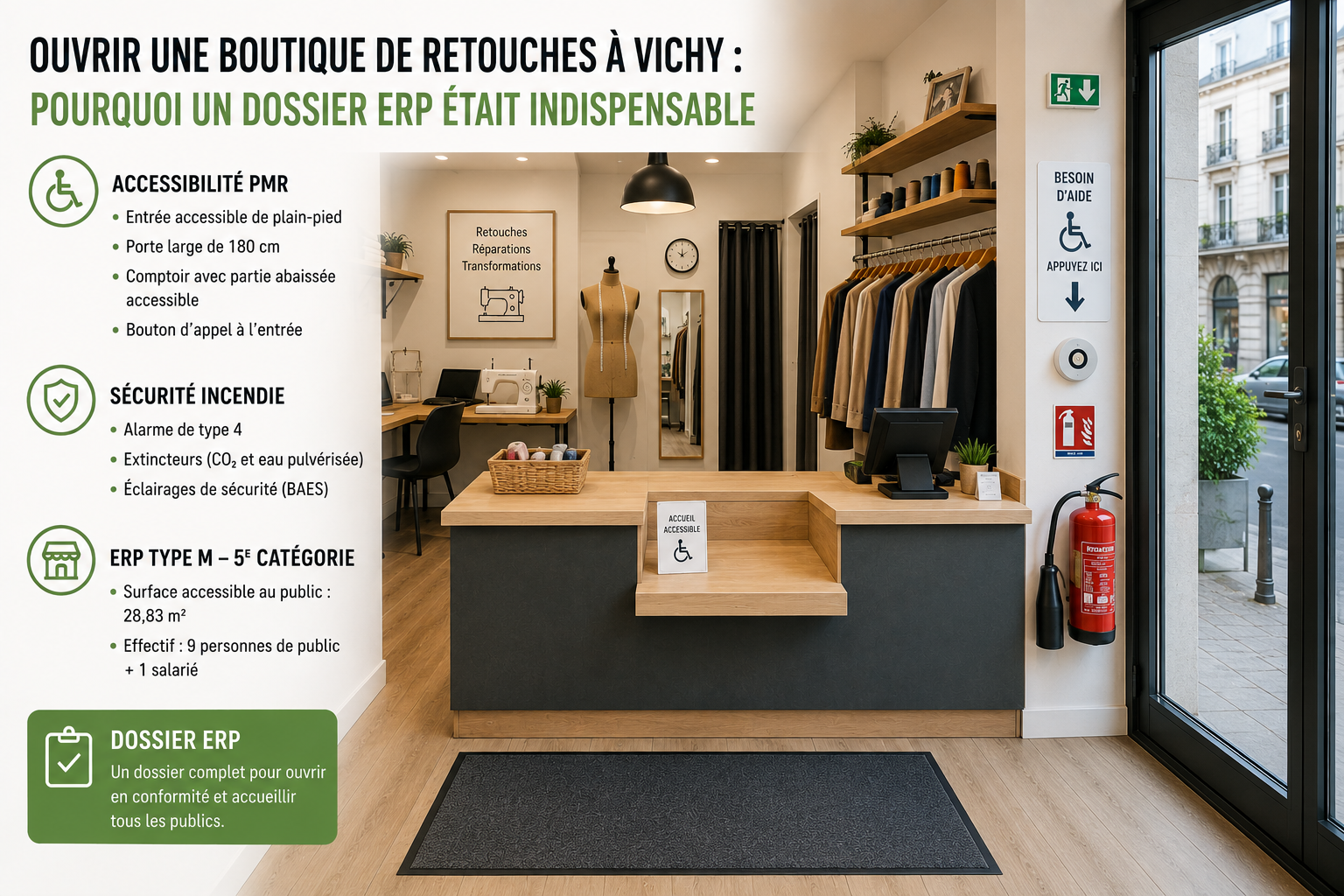 Boutique à Vichy avec comptoir accessible PMR et aménagement conforme aux exigences ERP