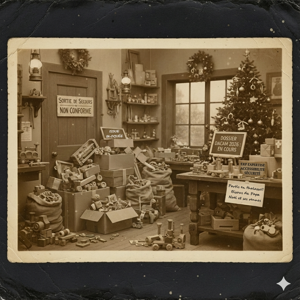 Magasin de jouets vintage décoré pour Noël, débordant de jouets. ERP Expertise