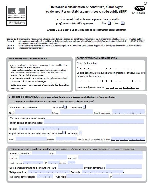 Formulaire Cerfa 13824*04 - Demande d'autorisation de construire, d'aménager ou de modifier un ERP
