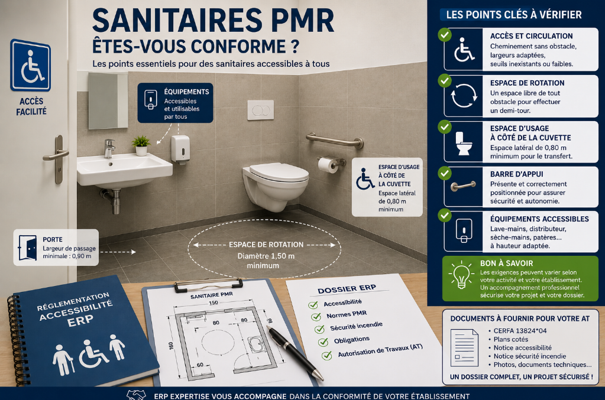 Sanitaire PMR conforme dans un ERP avec espace de rotation et équipements adaptés.