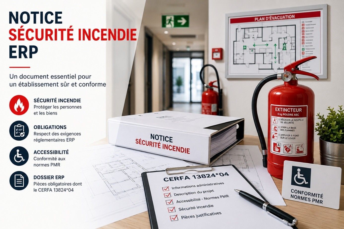 Notice sécurité incendie ERP avec CERFA 13824*04, extincteur et plans