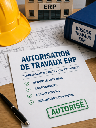 Document d'autorisation de travaux ERP posé sur des plans de bâtiment, avec un casque de chantier