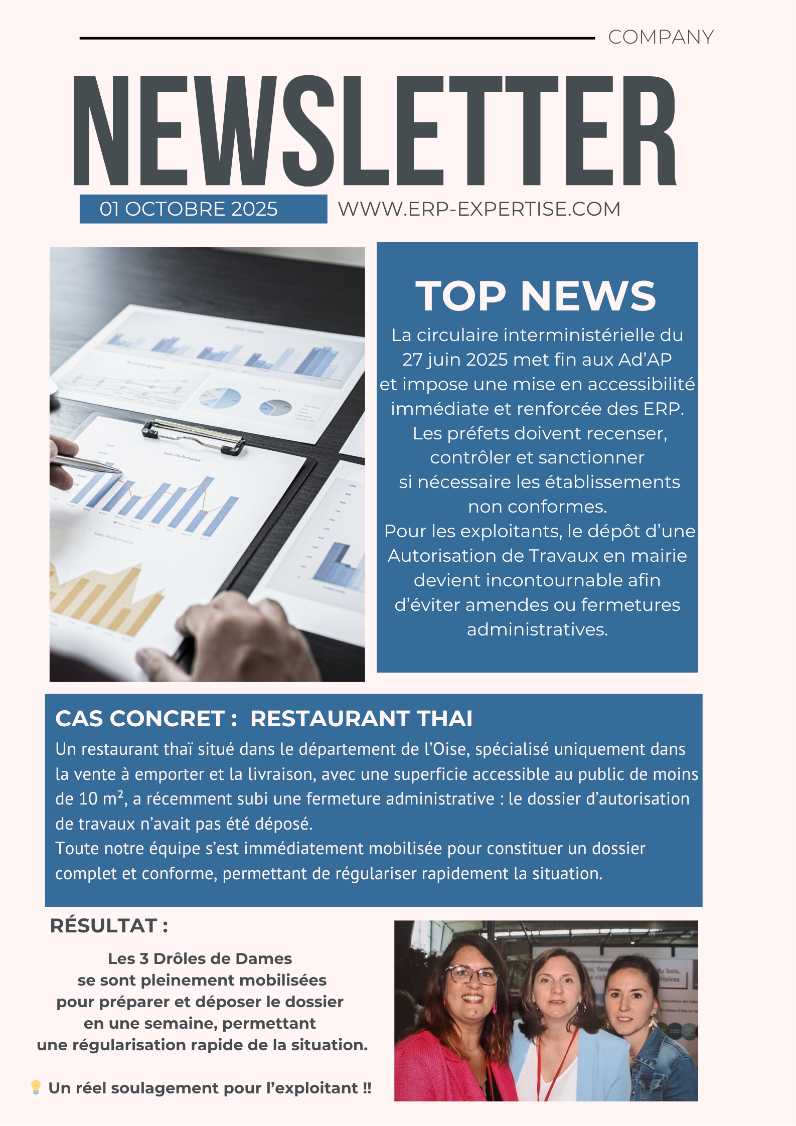 Newsletter avec textes et graphiques, présentant les principales actualités et informations sur les restaurants.