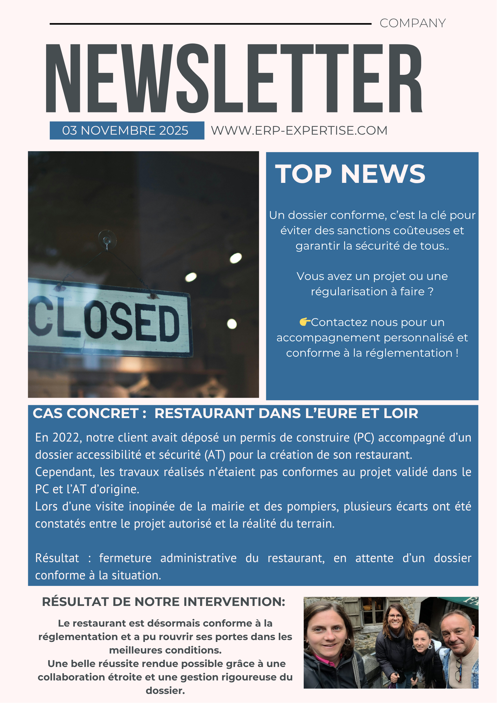 Bulletin d'information avec la mention « FERMÉ », des brèves et une photo de groupe.
