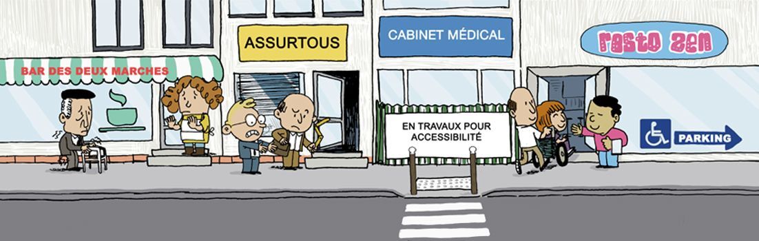 Des personnes sur le trottoir devant les vitrines des magasins ; une personne en fauteuil roulant