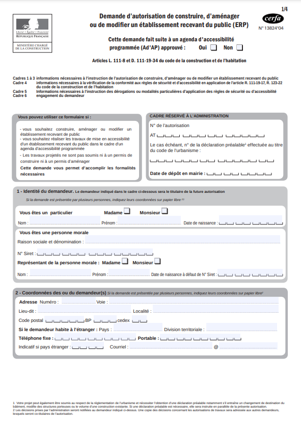 Formulaire français de demande de modification d'établissement public. 