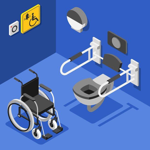 Vue d'une salle de bain accessible avec fauteuil roulant, toilettes avec barres d'appui et bouton d'appel. Murs bleus.