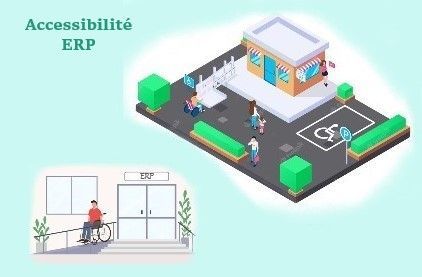 Illustrationde bâtiments accessibles : un magasin et un bâtiment avec une rampe, montrant des personnes handicapées.