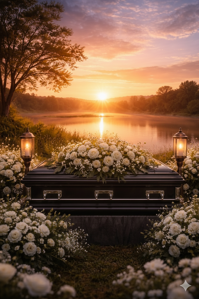 A wooden coffin with flowers on top of it in a church.