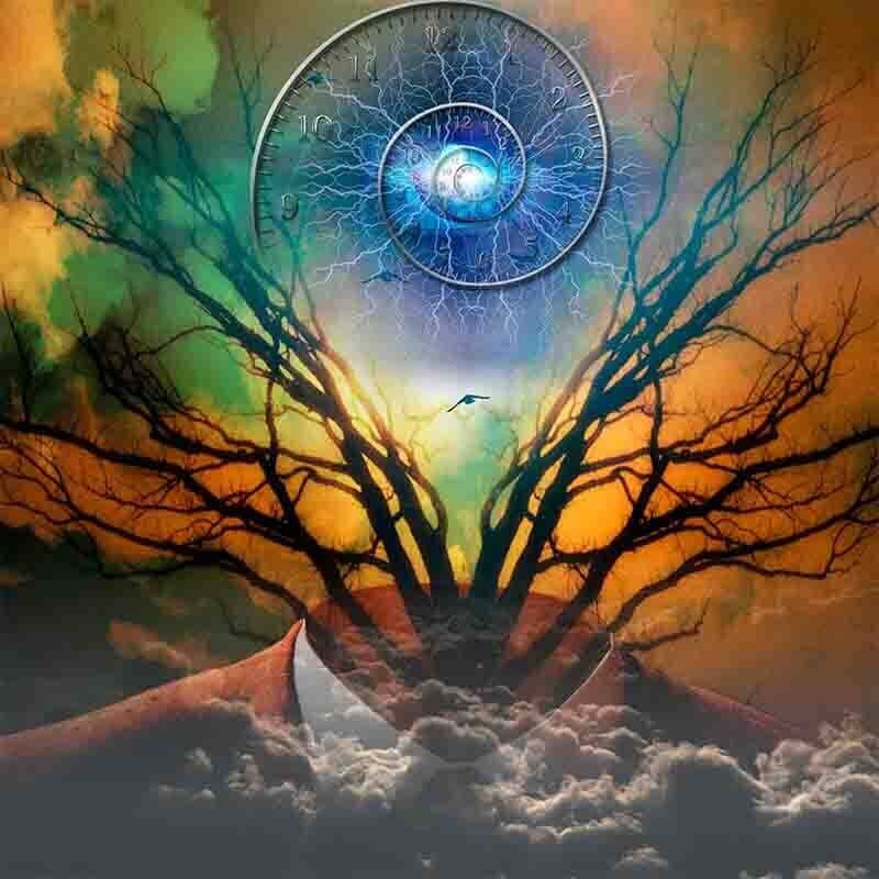 A painting of a tree with a clock in the middle of it. A painting of a tree with a clock in the middle of it.