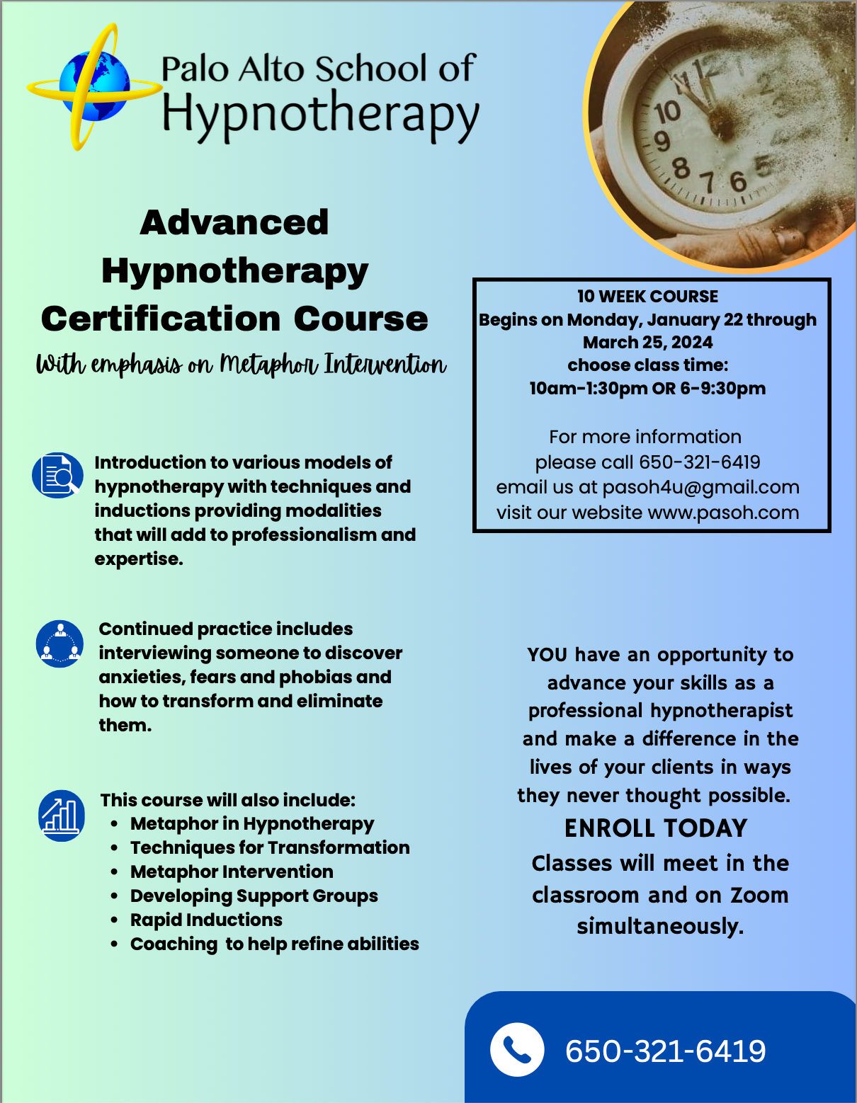 The palo alto school of hypnotherapy is offering an advanced hypnotherapy certification course. The palo alto school of hypnotherapy is offering an advanced hypnotherapy certification course.