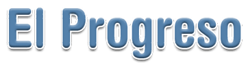 Logotipo con texto “El Progreso” en degradado azul con contorno y sombra blancos.