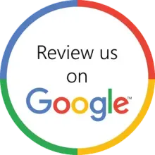Round Google logo with “Review us on Google” text in the center, surrounded by red, blue, green, and yellow ring